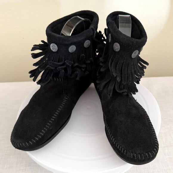 Minnetonka Black Suede Double Fringe Ankle Boots Womens Size 6 Zip Southwest - Picture 1 of 10